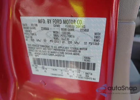 2008 Mercury Mariner V6 z USA, uszkodzony, nr VIN 4M2CU81128KJ42013